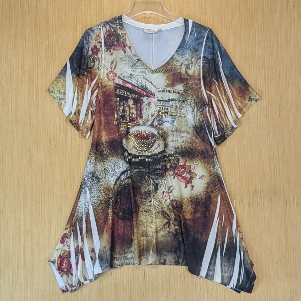 Cover Charge Top Womens Medium Long Graphic Coffee Cafe Rhinestone Y2K Retro Vtg